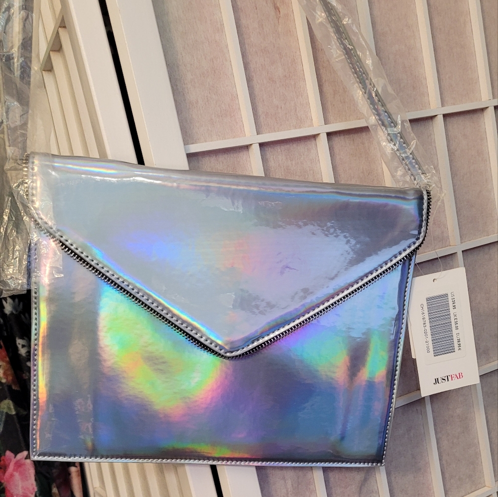 Iridescent silver hologram envelope shoulder bag or clutch purse, NWT